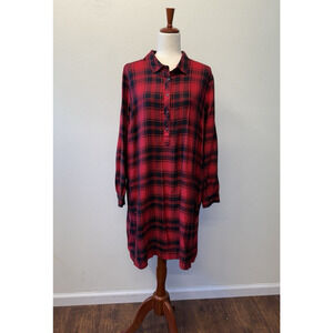 J. Jill Classic Shirt Dress Womens Size L Red Plaid Popover Holiday Western Soft